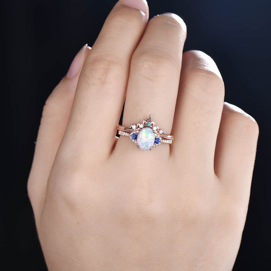 14K/18K Art Deco Opal And Sapphire Engagement Ring Set