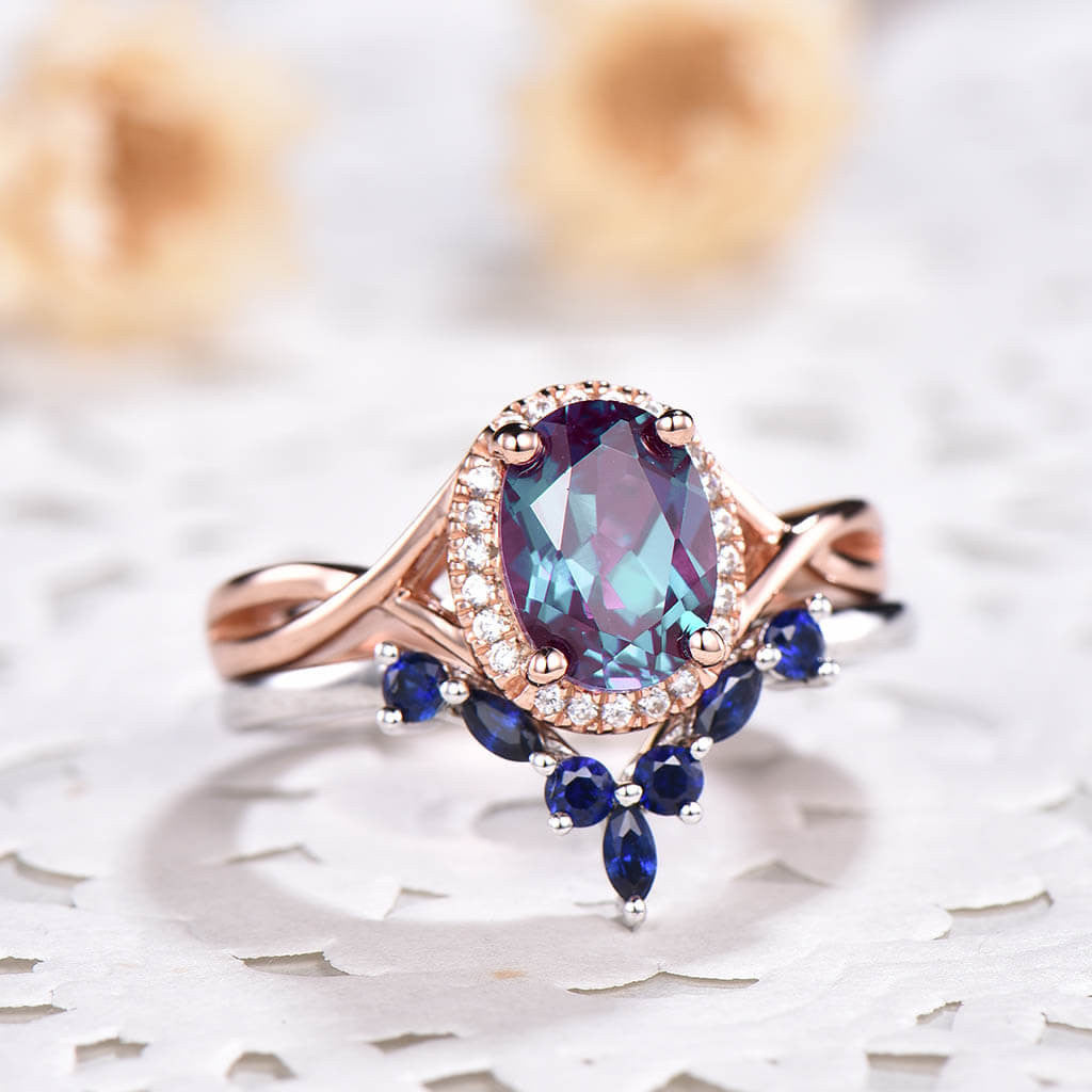 Infinity Alexandrite Engagement Ring Set lab Sapphire Curved Matching Band 2pcs