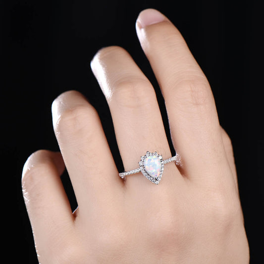 14K/18K Pear Shaped Vintage Opal Diamond Halo Engagement Ring White Gold