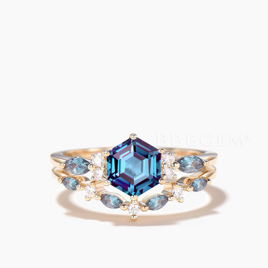Hexagon Color-change Alexandrite Engagement Ring Diamond Cluster Bridal Set