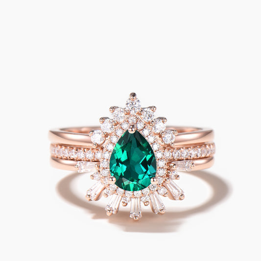 3pcs Pear Shaped Lab Emerald Engagement Ring Set Boulder Statement Ring
