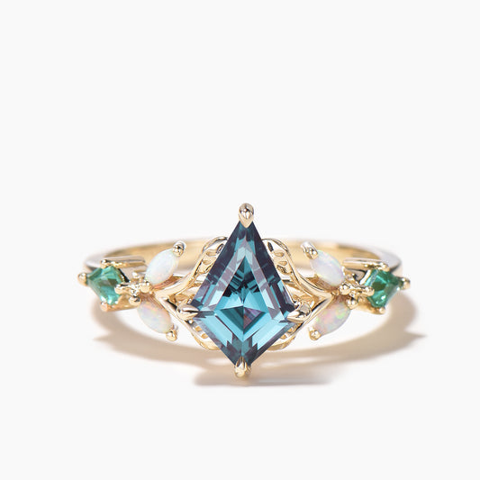 Kite Cut Color-change Alexandrite Bridal Ring Nature Inspired Opal Emerald Ring