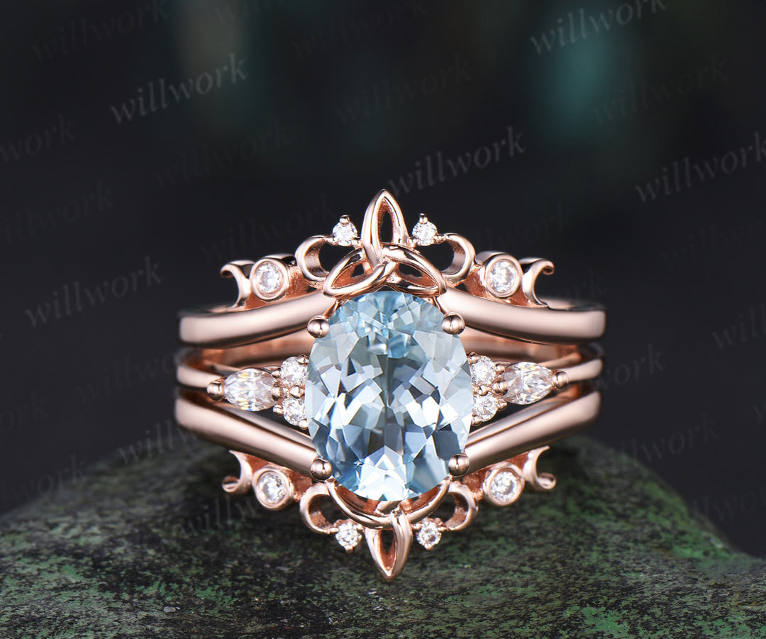 3ct Oval Cut Aquamarine Engagement Ring Set Solid 14k Rose Gold Art Deco Diamond Ring Vintage Moon Celtic Knot Wedding Ring Set Women