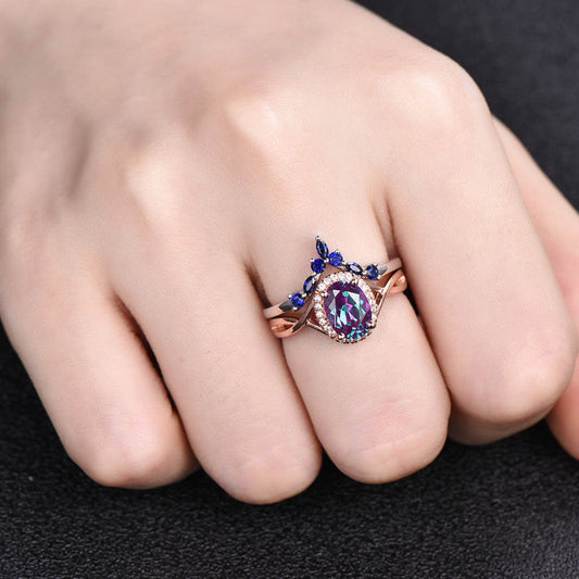Infinity Alexandrite Engagement Ring Set lab Sapphire Curved Matching Band 2pcs