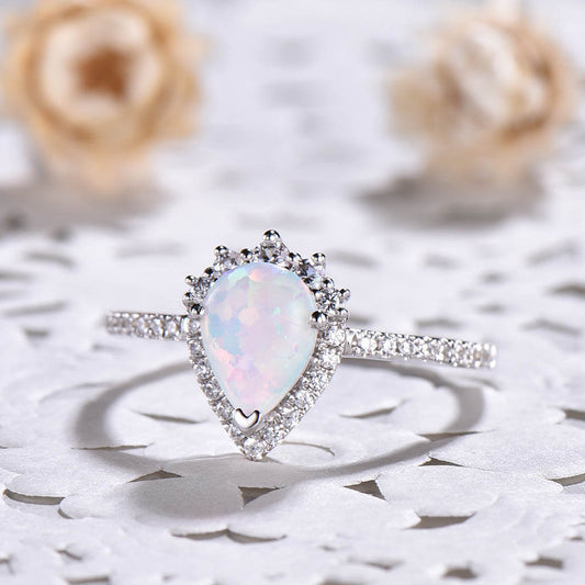 14K/18K Pear Shaped Vintage Opal Diamond Halo Engagement Ring White Gold