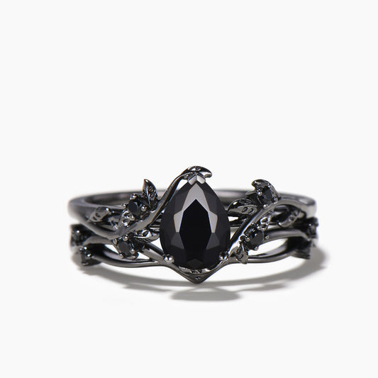1.25ct Pear Cut Natural Black Onyx Nature Inspired Bridal Set Black Gold Leaf Wedding Ring