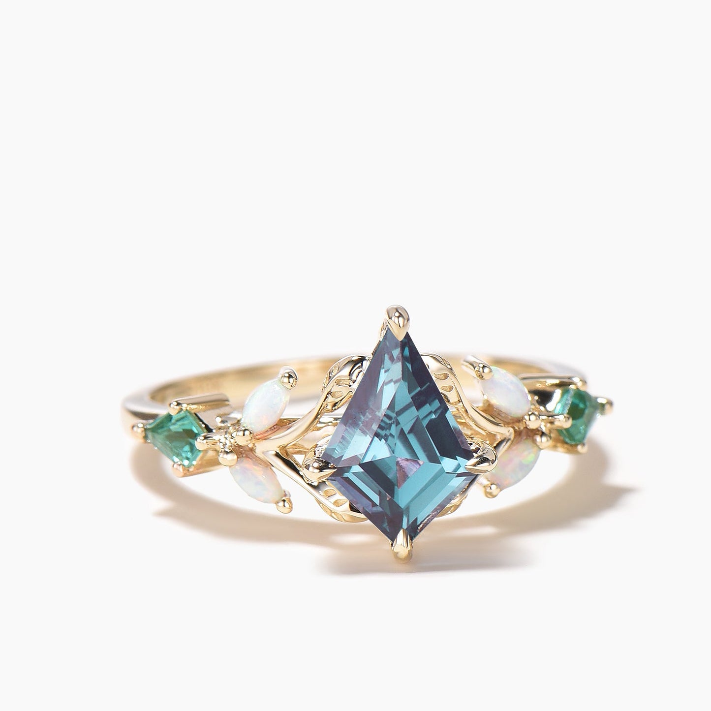 Kite Cut Color-change Alexandrite Bridal Ring Nature Inspired Opal Emerald Ring