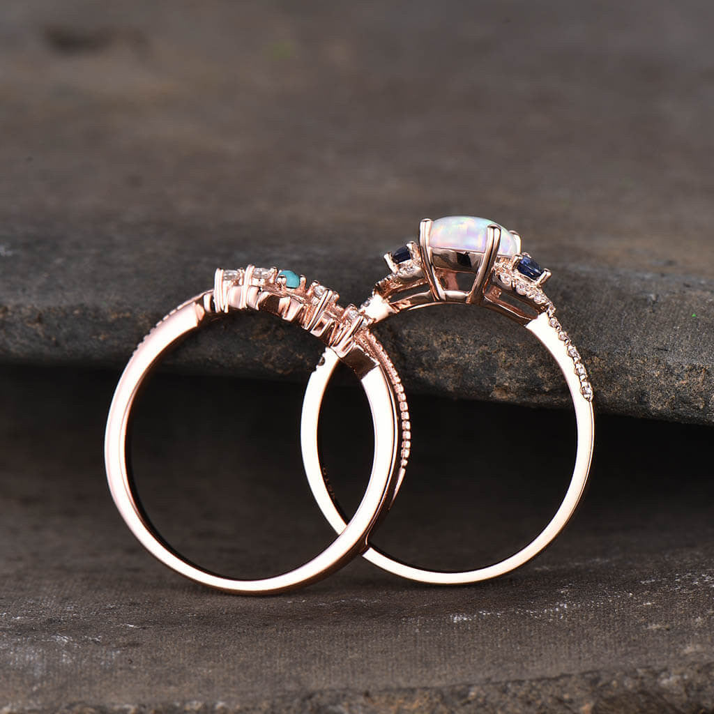 14K/18K Art Deco Opal And Sapphire Engagement Ring Set