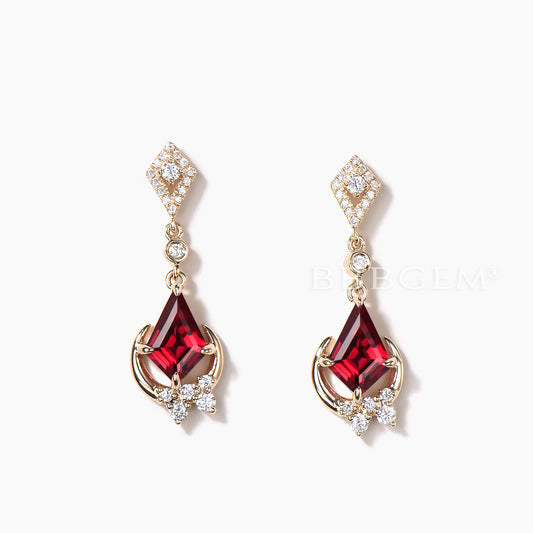 1CT Kite Cut Ruby Drop Earrings Diamond Moon Yellow Gold Celetial Earrings