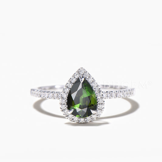 1.25CT Pear Cut Natural Green Tourmaline Engagement Ring Diamond Halo Ring