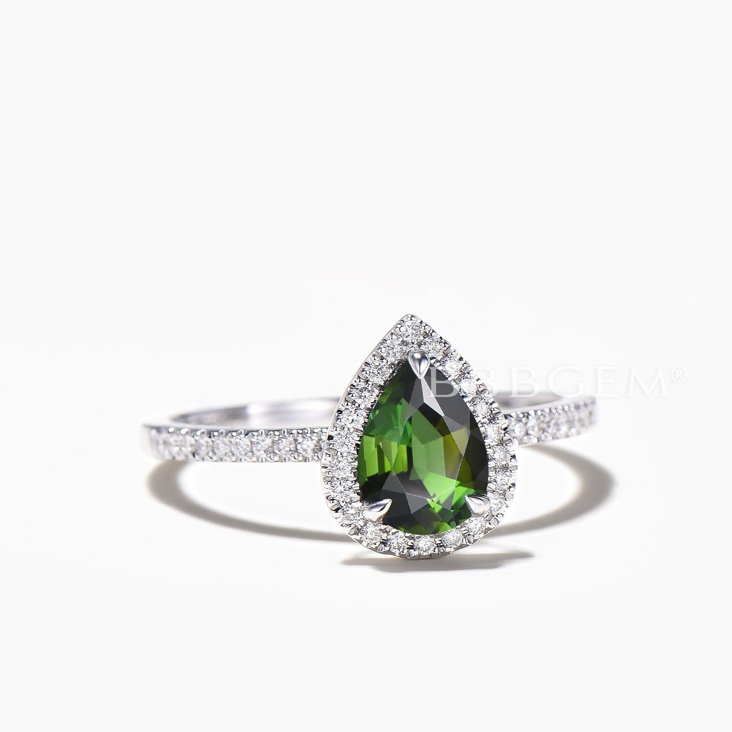1.25CT Pear Cut Natural Green Tourmaline Engagement Ring Diamond Halo Ring
