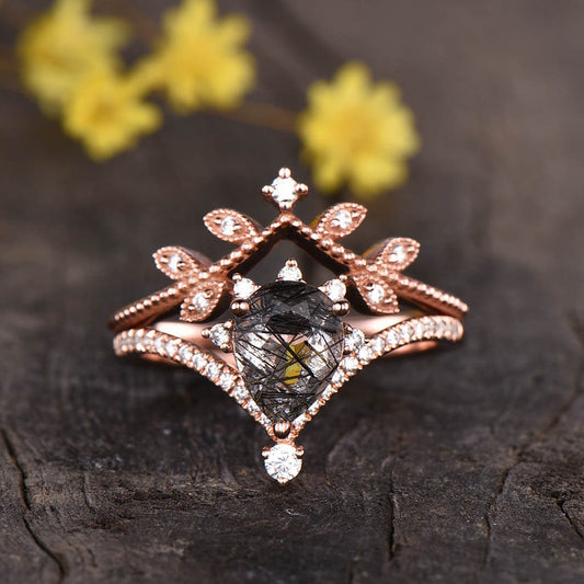 14K/18K Milgrain Filigree Pear Black Rutilated Quartz Diamond Engagement Rings Set Shaped Band