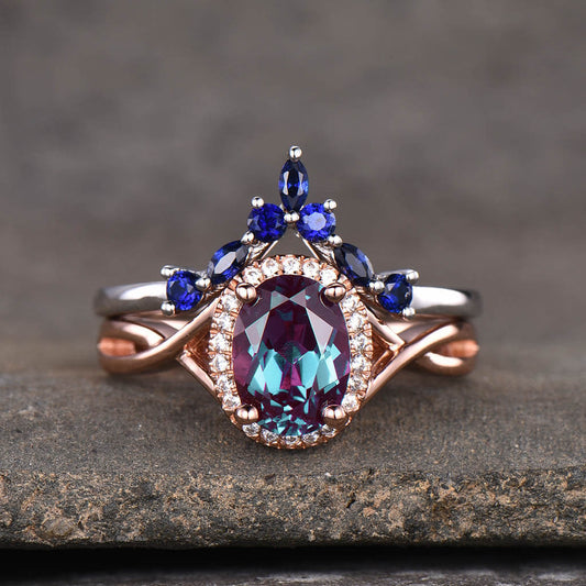 Infinity Alexandrite Engagement Ring Set lab Sapphire Curved Matching Band 2pcs