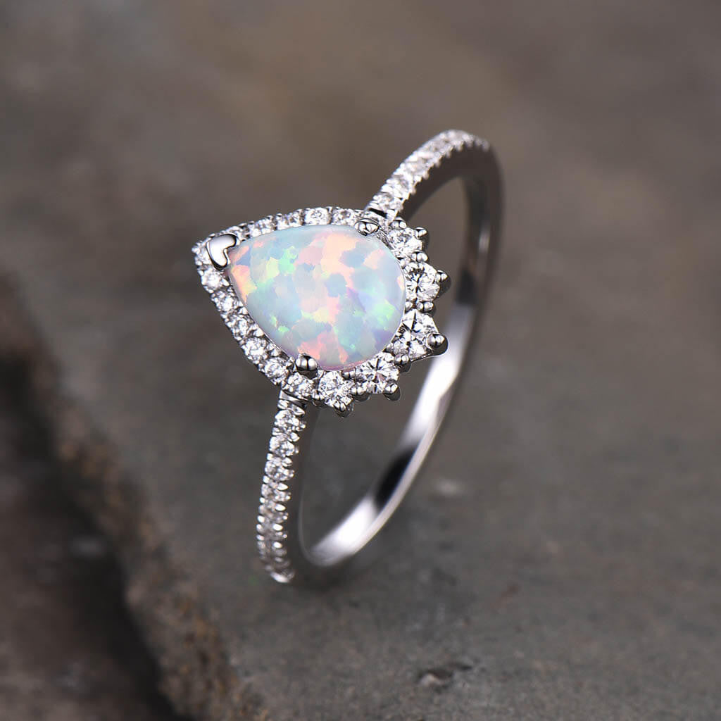 14K/18K Pear Shaped Vintage Opal Diamond Halo Engagement Ring White Gold