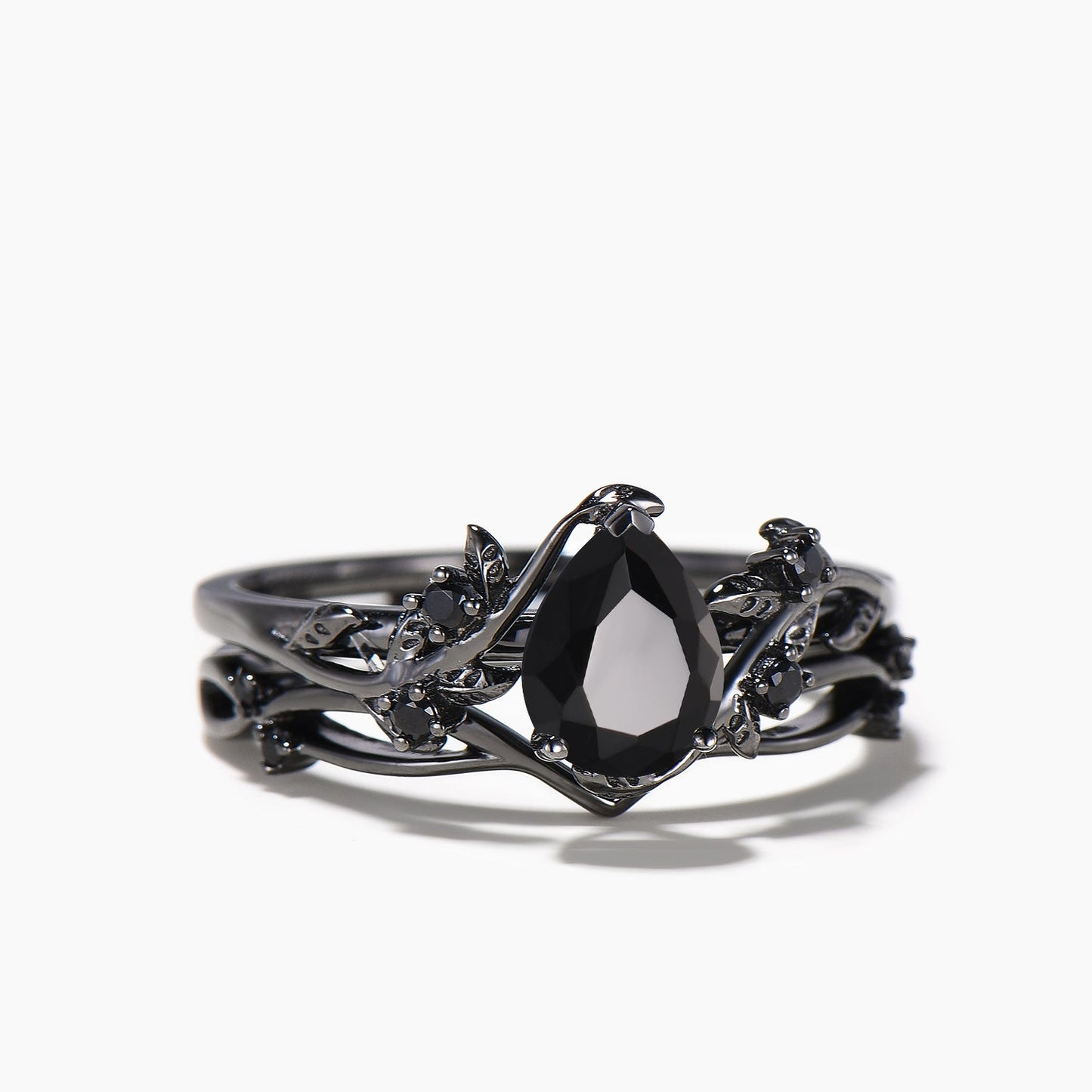 1.25ct Pear Cut Natural Black Onyx Nature Inspired Bridal Set Black Gold Leaf Wedding Ring