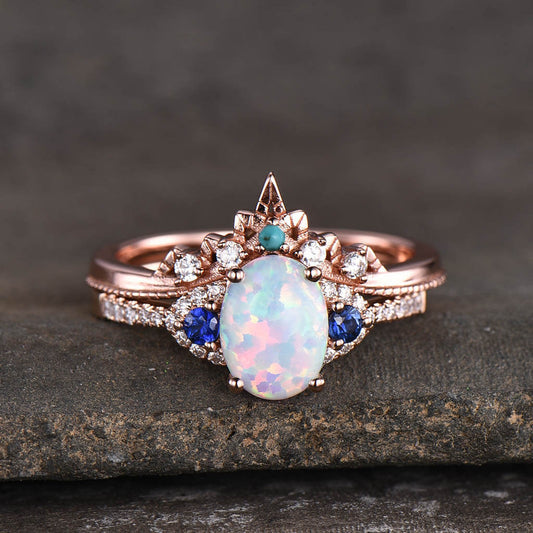 14K/18K Art Deco Opal And Sapphire Engagement Ring Set