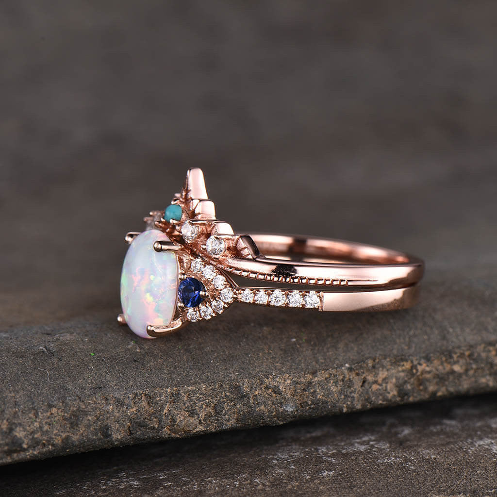 14K/18K Art Deco Opal And Sapphire Engagement Ring Set
