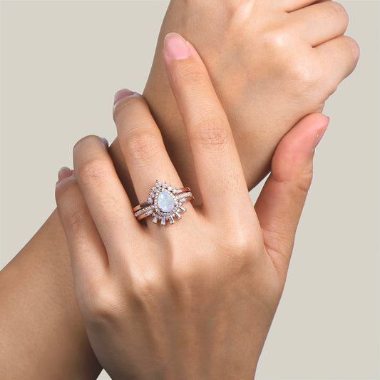 3pcs Pear Cut White Opal Wedding Bridal Set Moissanite Halo Engagement Ring