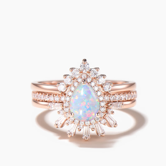 3pcs Pear Cut White Opal Wedding Bridal Set Moissanite Halo Engagement Ring