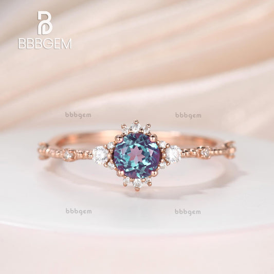 1/2 Carat Round Alexandrite And Diamond Ring Minimalist 14K/18K