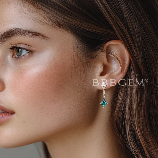 1CT Kite Cut Emerald Drop Earrings Diamond Yellow Gold Earrings
