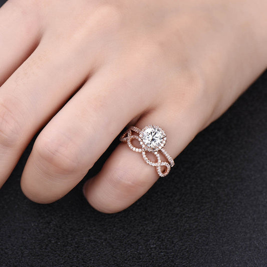 1 Carat Round Moissanite Wedding Sets 14k Rose Gold Diamond Bridal Ring Loop Infinity Stacking Matching Band