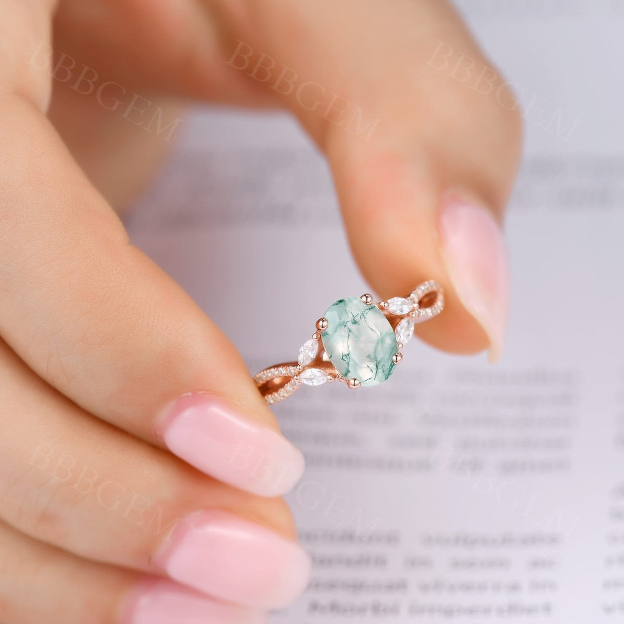 14K Pink Gold Oval Cut Moss Agate Engagement Ring Marquise Shaped Moissanite Infinity Band Ring For Women
