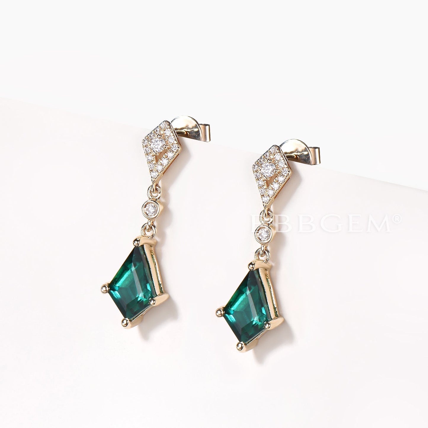 1CT Kite Cut Emerald Drop Earrings Diamond Yellow Gold Earrings