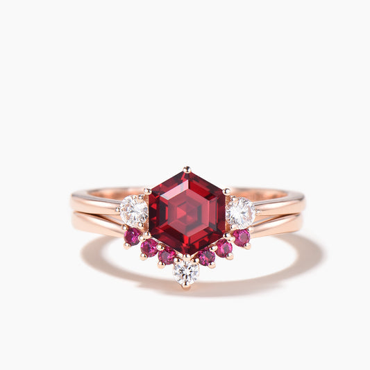 Hexagon Cut Red Ruby Three Stone Engagement Ring Moissanite Bridal Set