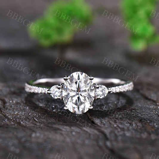 1.5CT Three Stone Oval Cut Moissanite Engagement Ring Solid White Gold