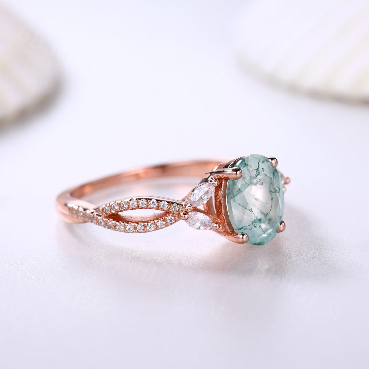 14K Pink Gold Oval Cut Moss Agate Engagement Ring Marquise Shaped Moissanite Infinity Band Ring For Women