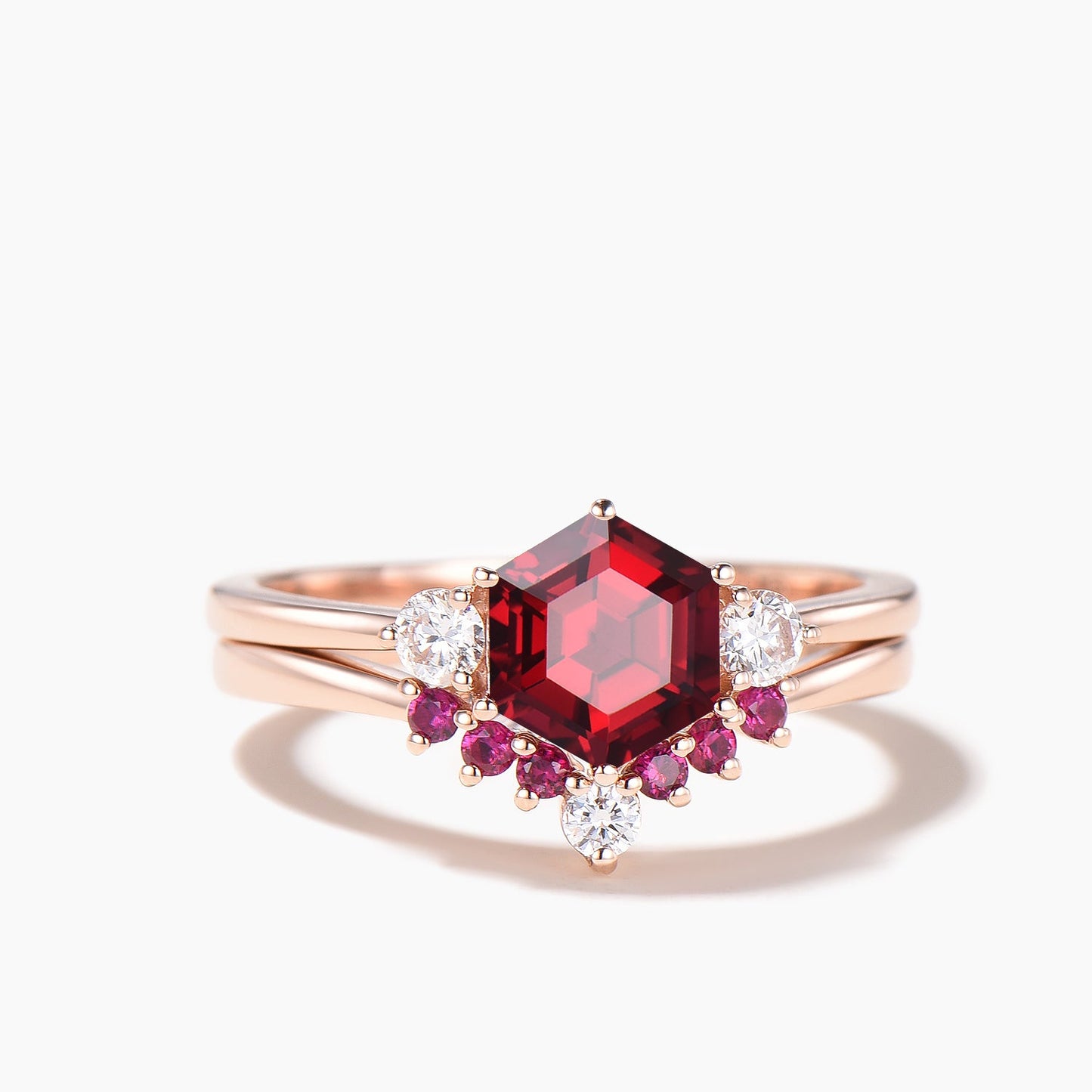 Hexagon Cut Red Ruby Three Stone Engagement Ring Moissanite Bridal Set