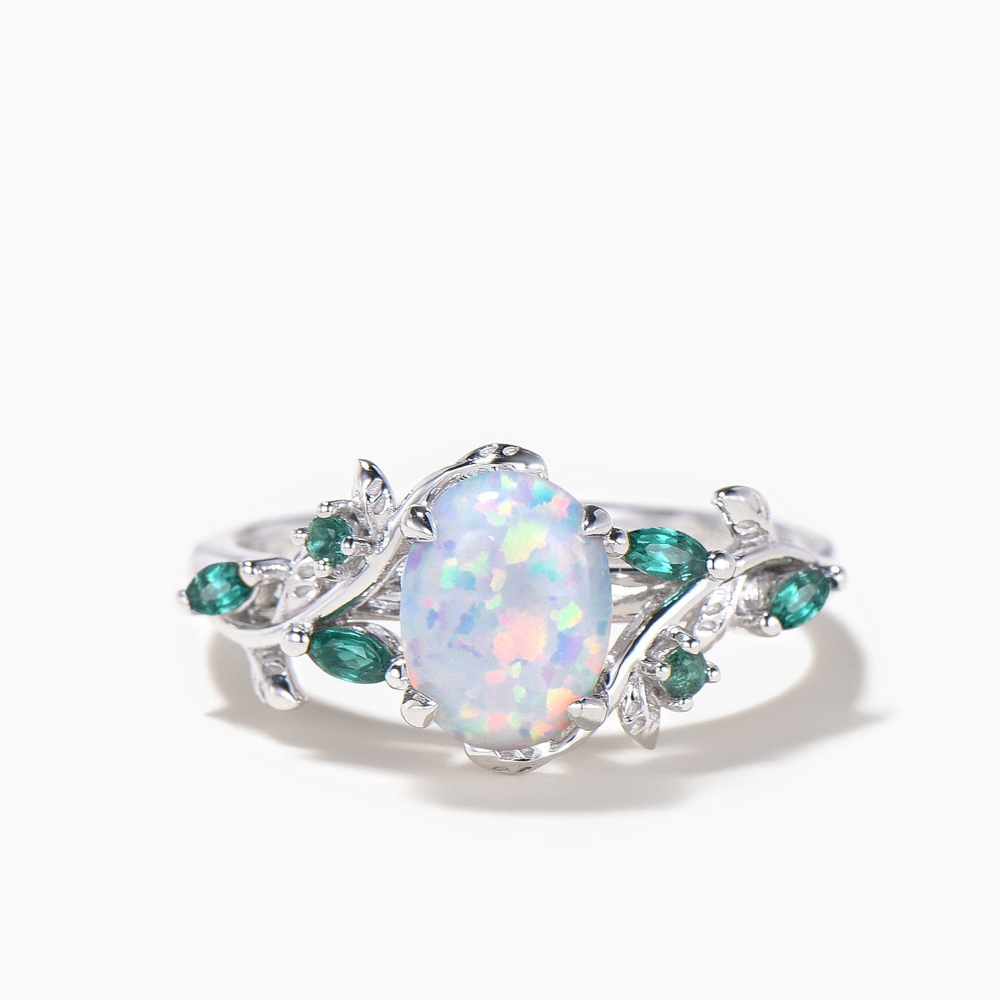1.5CT Oval White Opal Leaf Engagement Ring Emerald Nature Inspired Bridal Set
