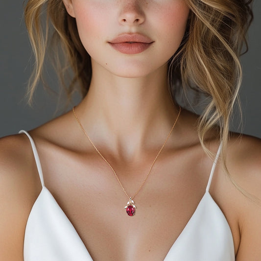 1.5CT Oval Cut Ruby Pendant White Opal Branch Yellow Gold Necklace