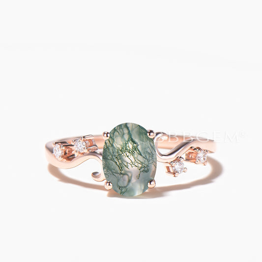 1.5CT Oval Cut Natural Moss Agate Engagement Ring Diamond Art Deco Ring