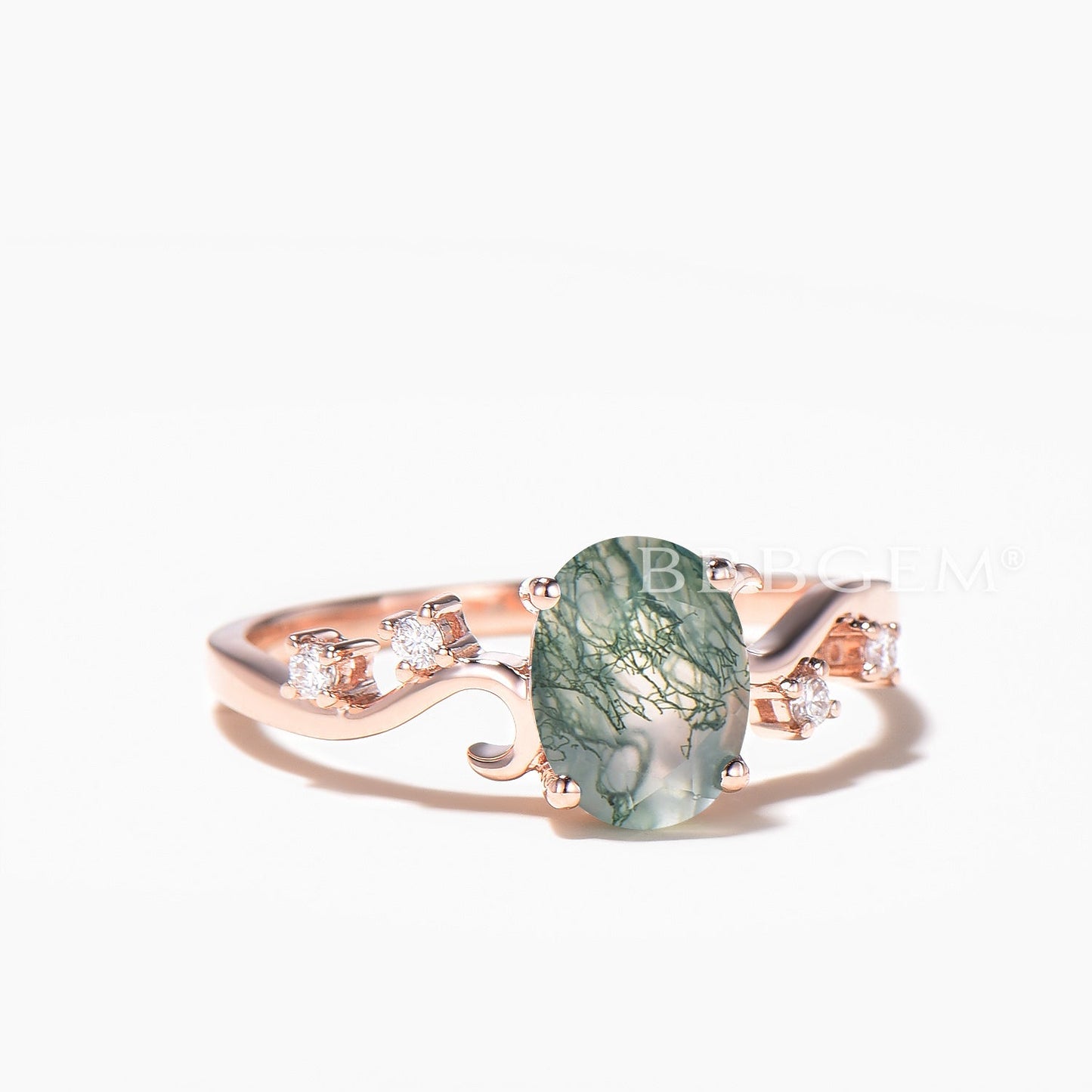 1.5CT Oval Cut Natural Moss Agate Engagement Ring Diamond Art Deco Ring