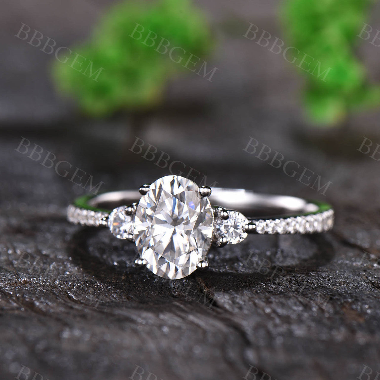 1.5CT Three Stone Oval Cut Moissanite Engagement Ring Solid White Gold