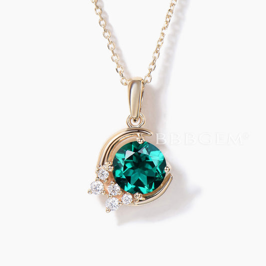 1CT Round Cut Emerald Moon Pendant Diamond Cluster Celestial Necklace