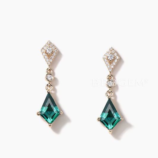 1CT Kite Cut Emerald Drop Earrings Diamond Yellow Gold Earrings