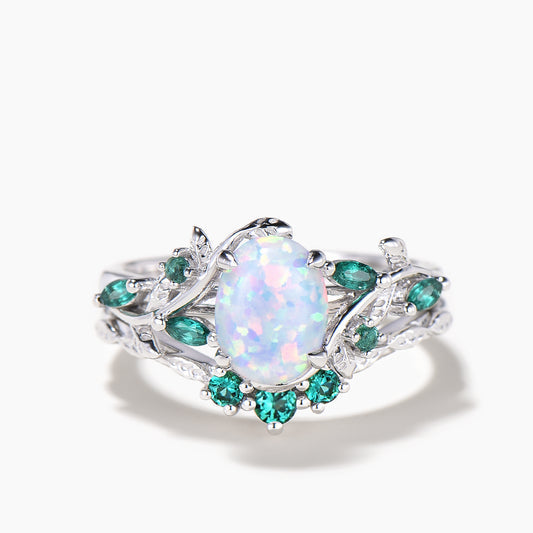 1.5CT Oval White Opal Leaf Engagement Ring Emerald Nature Inspired Bridal Set