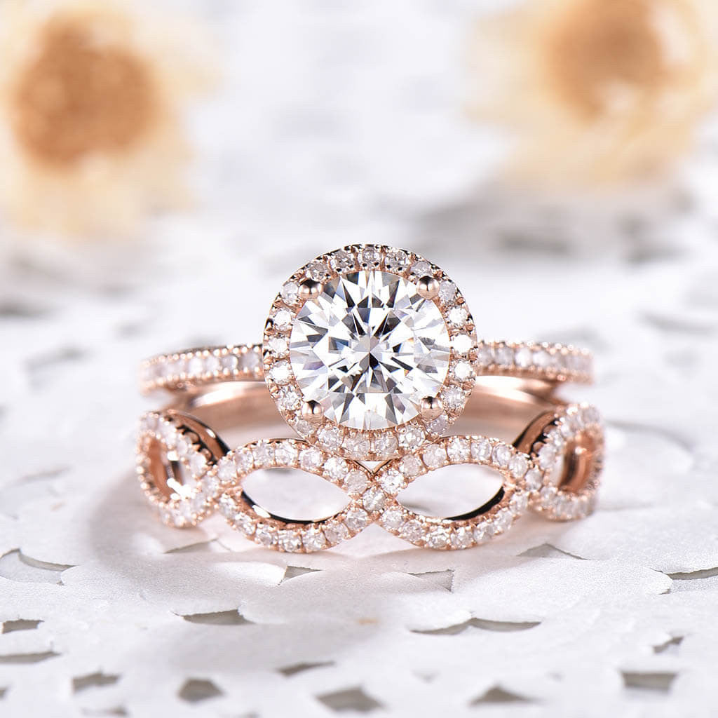 1 Carat Round Moissanite Wedding Sets 14k Rose Gold Diamond Bridal Ring Loop Infinity Stacking Matching Band