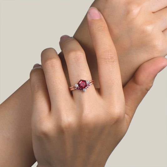 Hexagon Cut Red Ruby Three Stone Engagement Ring Moissanite Bridal Set