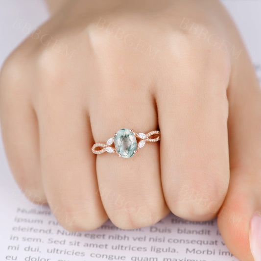 14K Pink Gold Oval Cut Moss Agate Engagement Ring Marquise Shaped Moissanite Infinity Band Ring For Women