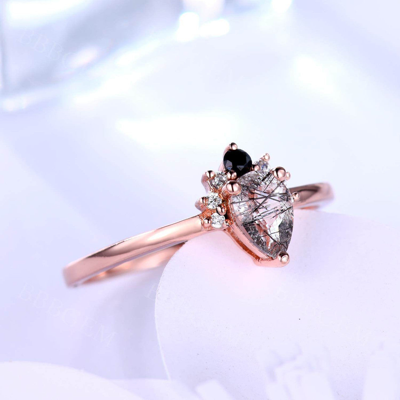 14K/18K Cluster Black Rutilated Quartz Diamond Engagement Rings