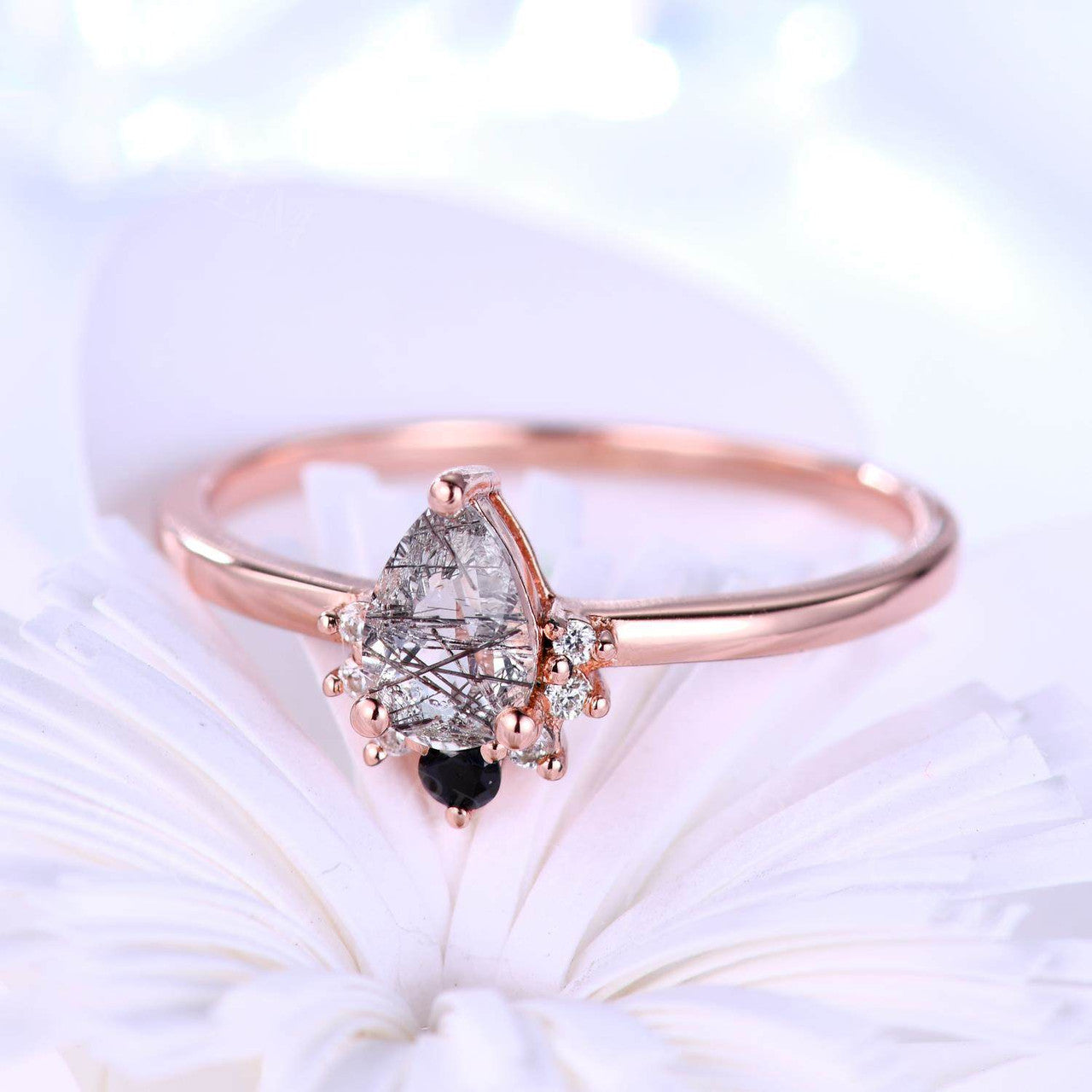 14K/18K Cluster Black Rutilated Quartz Diamond Engagement Rings