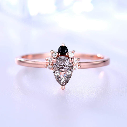 14K/18K Cluster Black Rutilated Quartz Diamond Engagement Rings