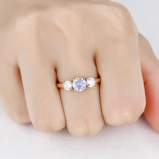 14K/18K Gold Moonstone And Moissanite Engagement Ring Three Stone