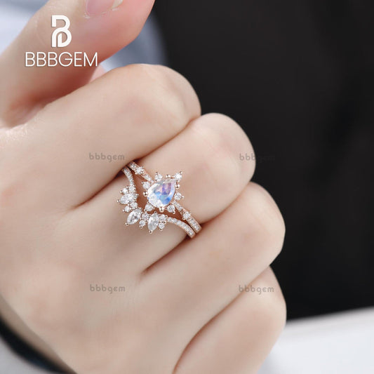 14K/18K Gold Pear Shaped Moonstone Diamond Art Deco Engagement Ring Set