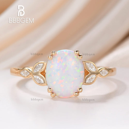 14K/18K Gold Vintage Oval White Opal Moissanite Rose Gold Engagement Ring 10x8mm 3.5 Carat