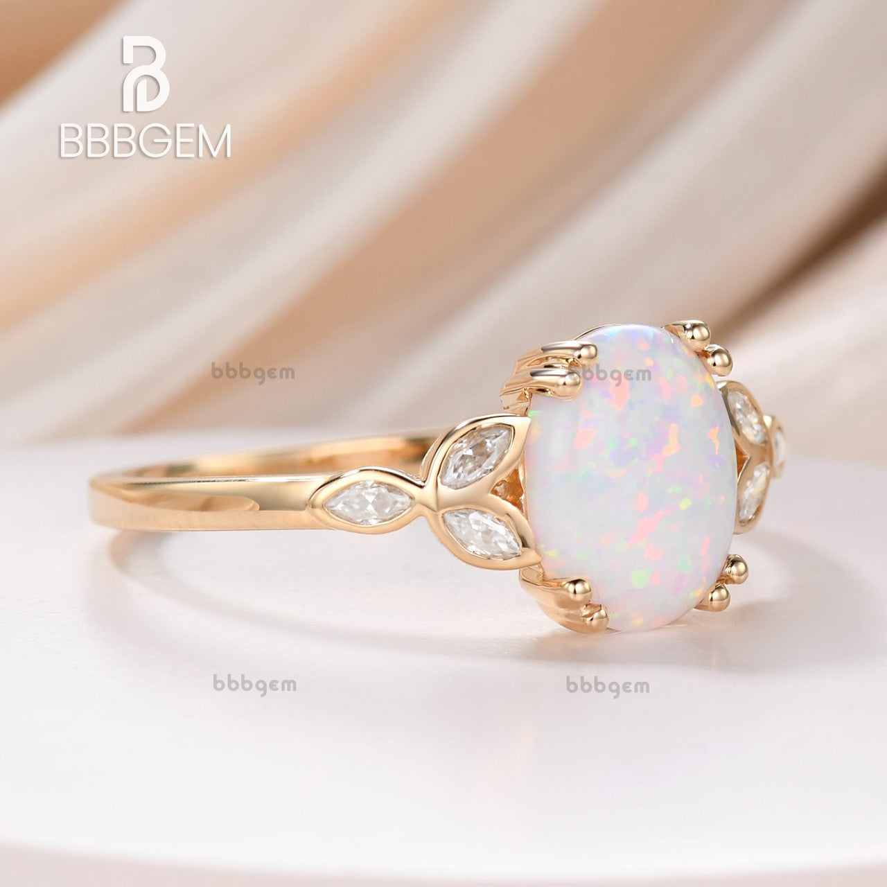 14K/18K Gold Vintage Oval White Opal Moissanite Rose Gold Engagement Ring 10x8mm 3.5 Carat